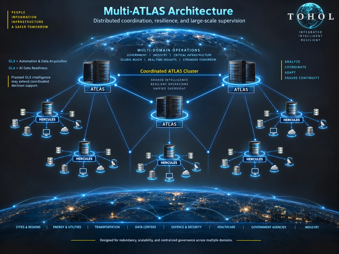 Multi-ATLAS architecture showing several ATLAS nodes coordinating multiple HERCULES deployments across distributed domains and sectors.